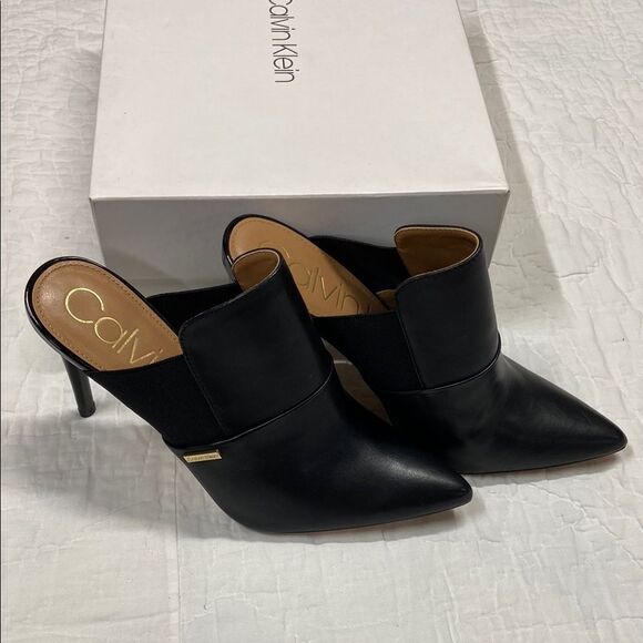 Calvin Klein Black Mules with Pointed Toe and Kitten Heel size 8.5 - Picture 1 of 7